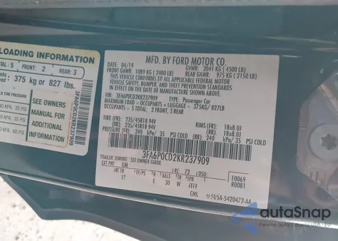 2019 Ford Fusion Sel from USA, damaged, VIN 3FA6P0CD2KR237909